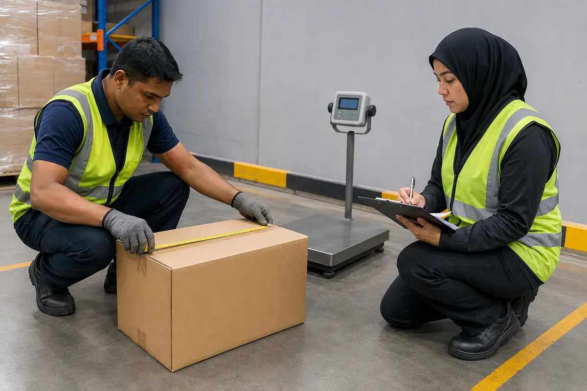 Workers measuring a plain carton with a blank clipboard