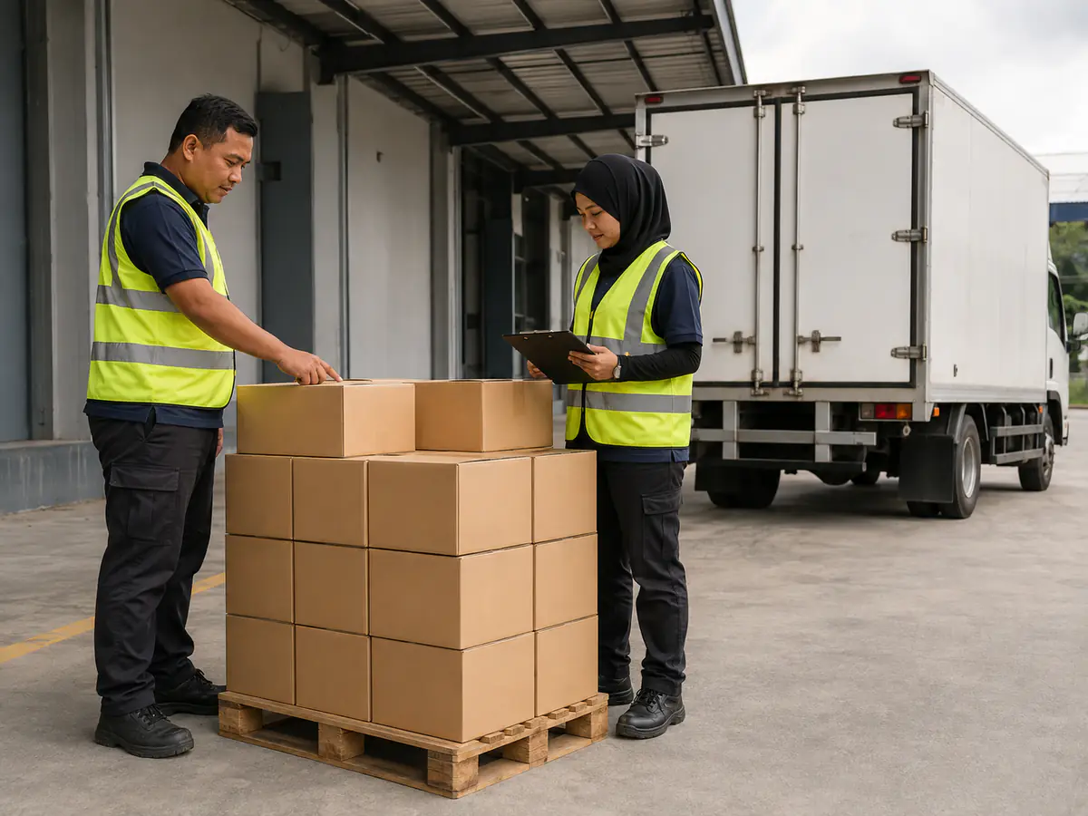Pekerja menyemak karton biasa sebelum pengambilan