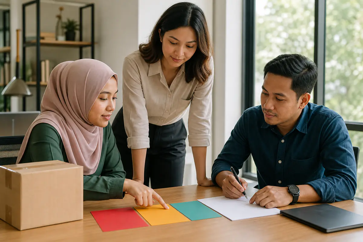 Tiga rakan sekerja menyemak kad pengecualian merah amber dan teal yang kosong